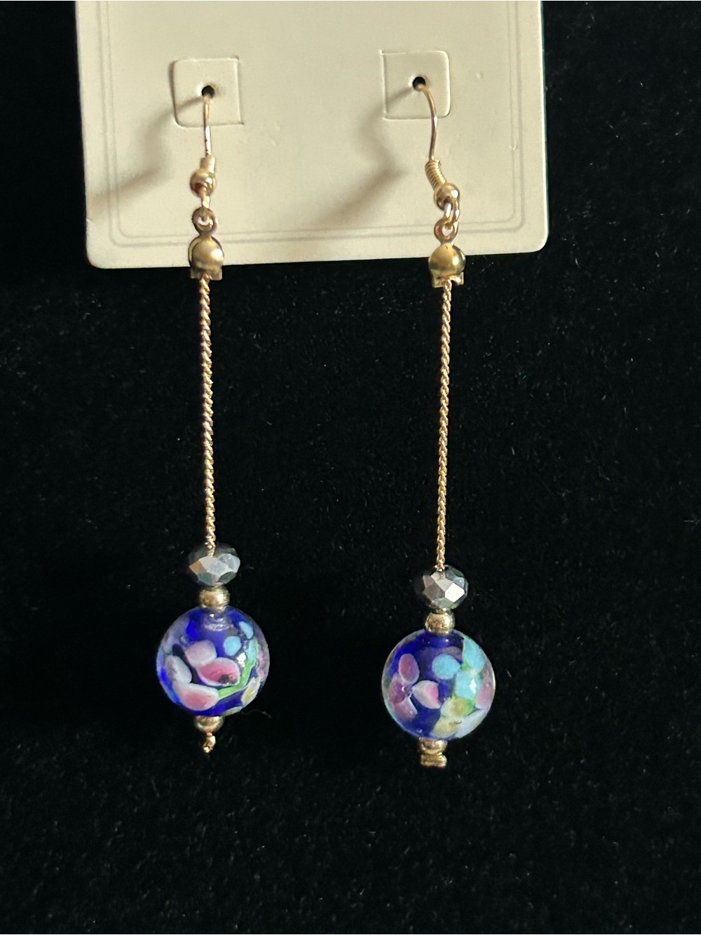 New - Artisan Blue Lampwork Floral Glass Bead Drop Earrings
